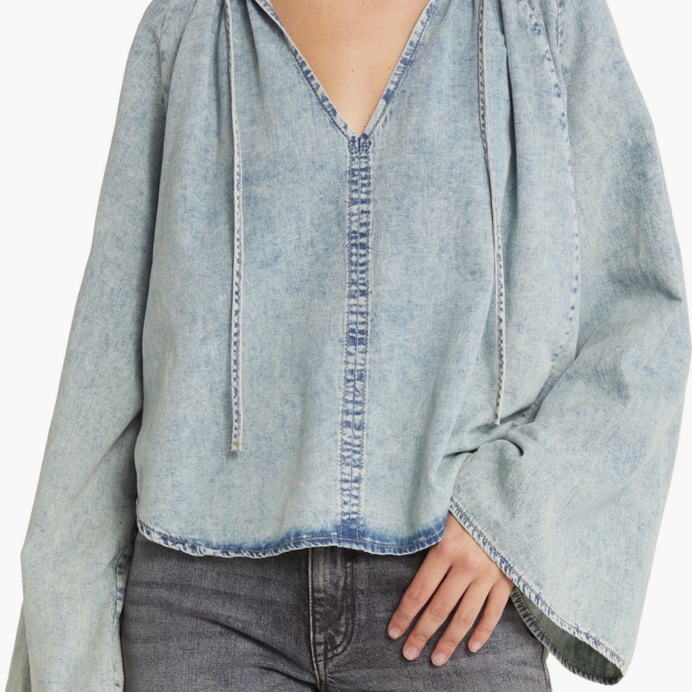 Frame Denim Light Blue Washed Denim Tie-Neck Blouse